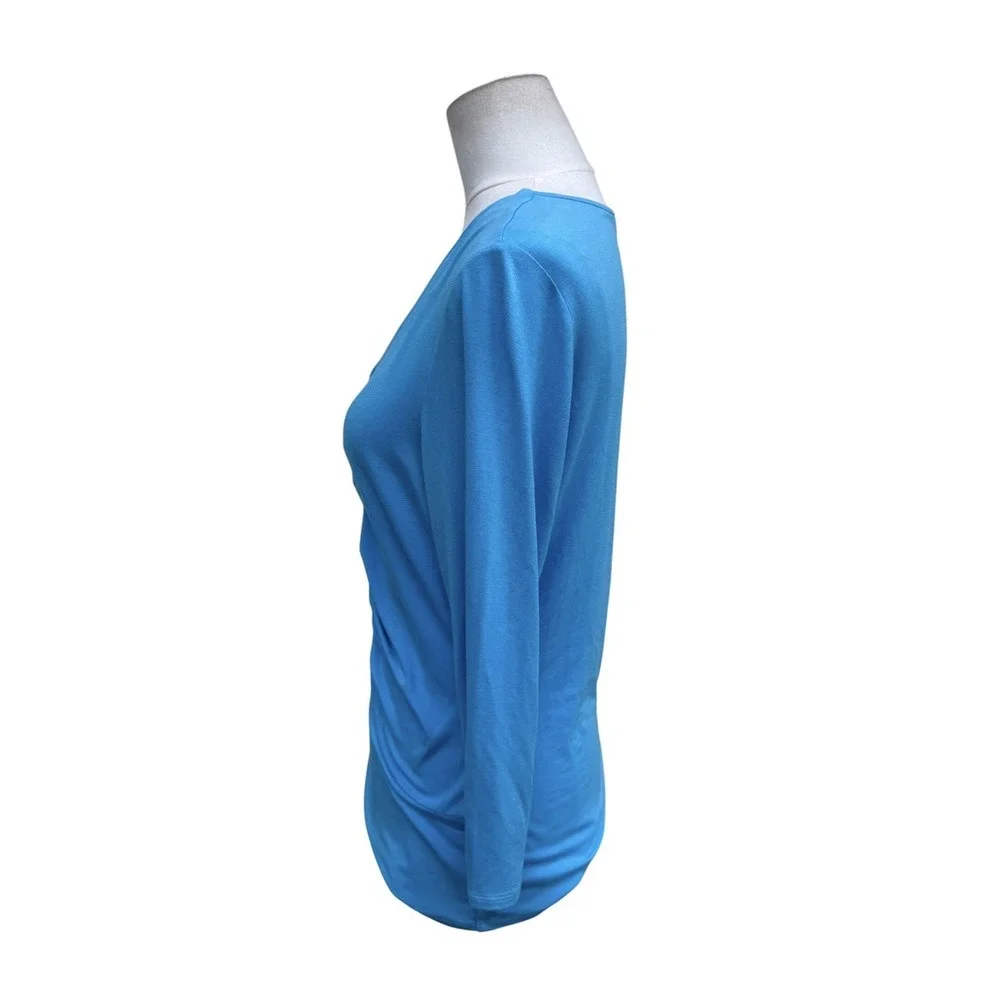Etcetera Womens M Turquoise Blue Ruched V Neck 3/4 Sleeve Stretch Top